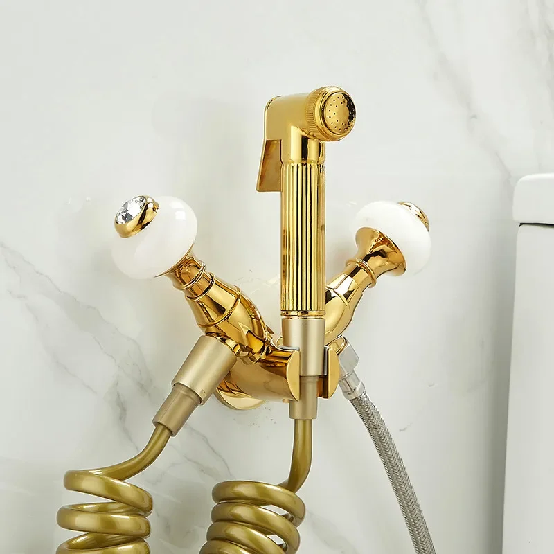 New Wall Mounted Toilet Bidet Sprayer Set Brass Double Use Bathroom Toilet High Pressure Gun Gold Marble Handle