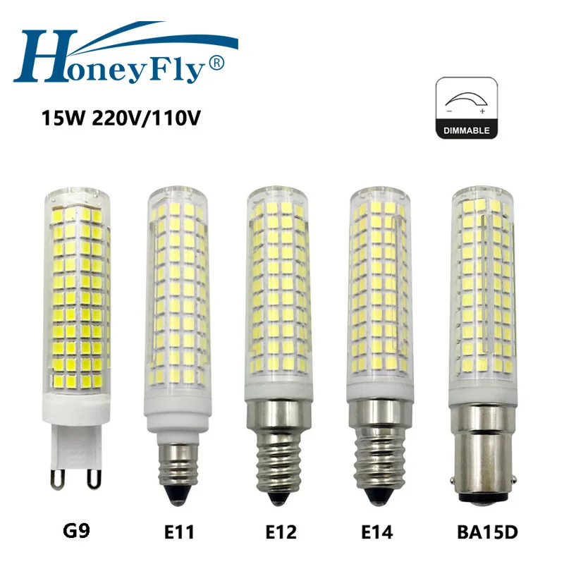 HoneyFly 2pcs LED Corn Bulb AC110V/220V G9/E11/E12/E14/BA15D 15W Super Bright 1500LM Lamp 136pcs 2835 Beads Ceramic Corn Lamp