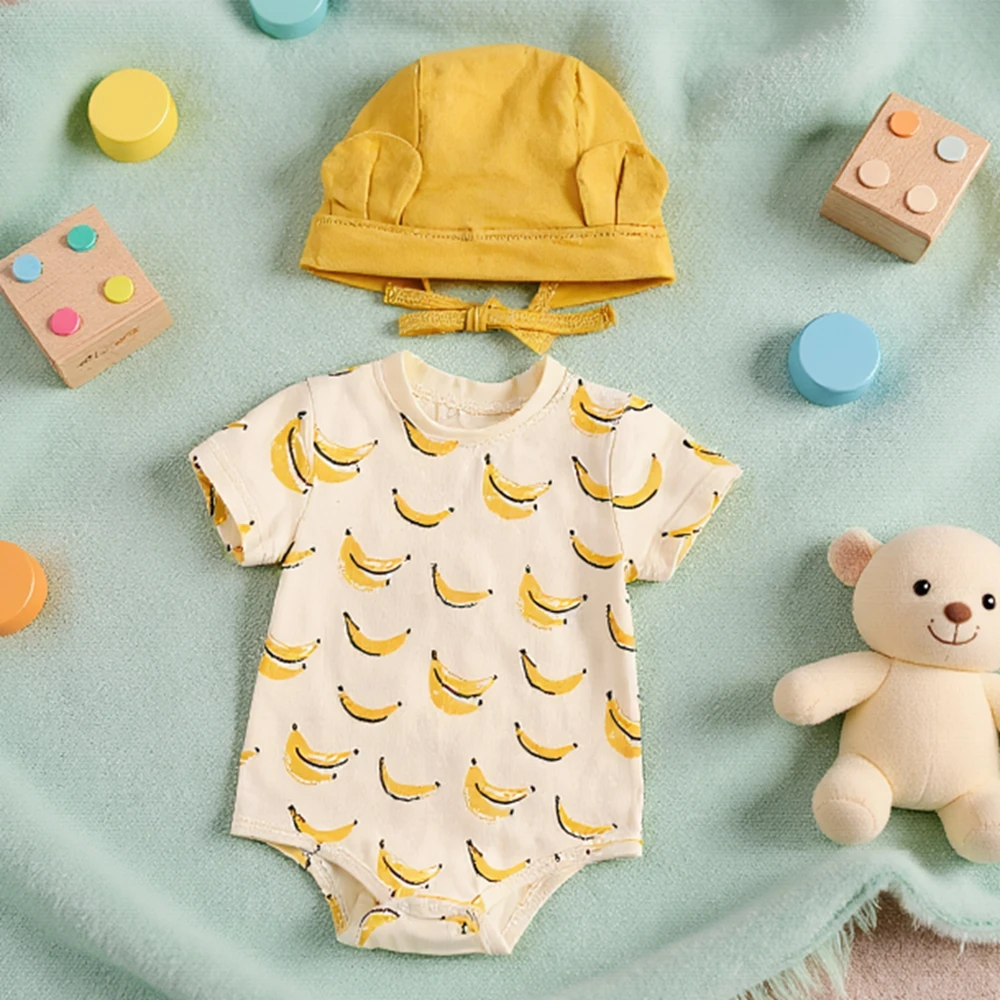 Kurzärmelige Niedliche Babykleidung Modische Sommer-Freizeitkleidung für Kleinkinder Jungen Mädchen Bodysuits mit Mütze