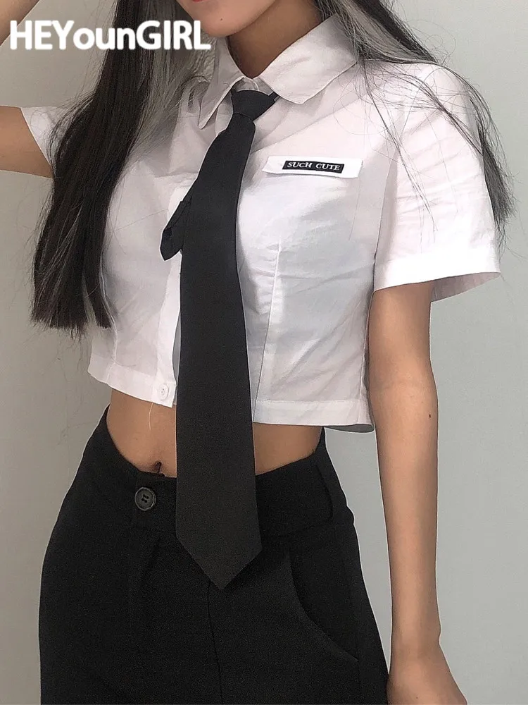 HEYounGIRL – t-shirt court en coton pour femmes, Punk Harajuku, avec cravate, manches courtes, mode coréenne, été, décontracté