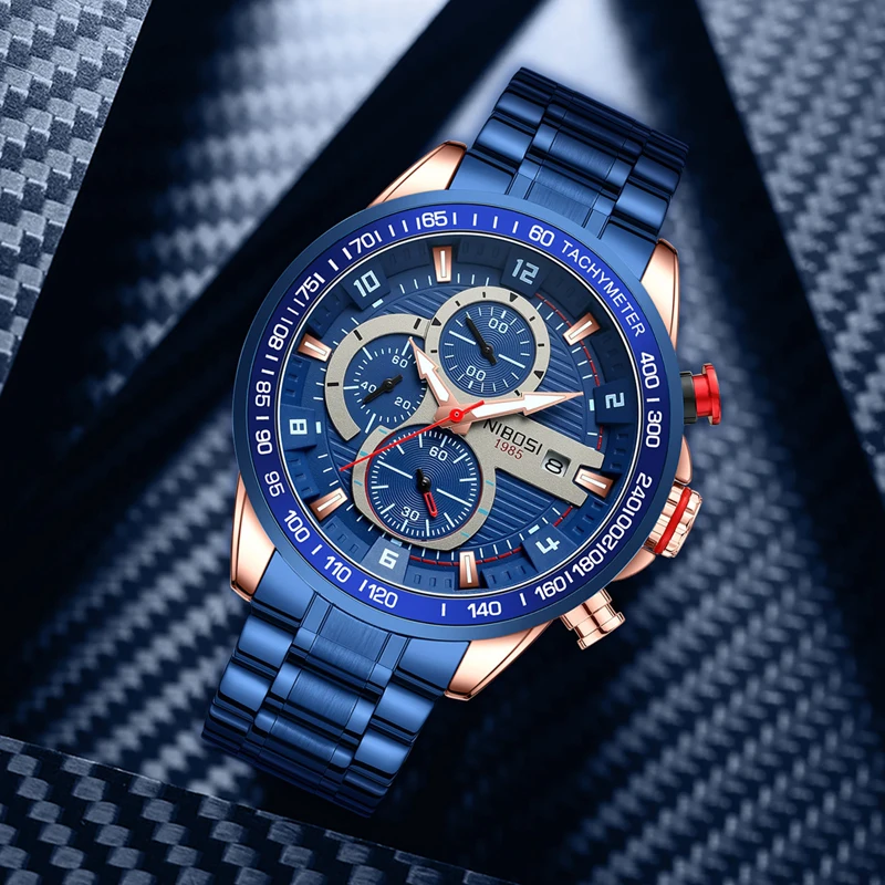 NIBOSI New Fashion Blue Quartz Watch for Men Stainless Steel Waterproof Sport Chronograph Mens Watches Top Brand Luxury Clock