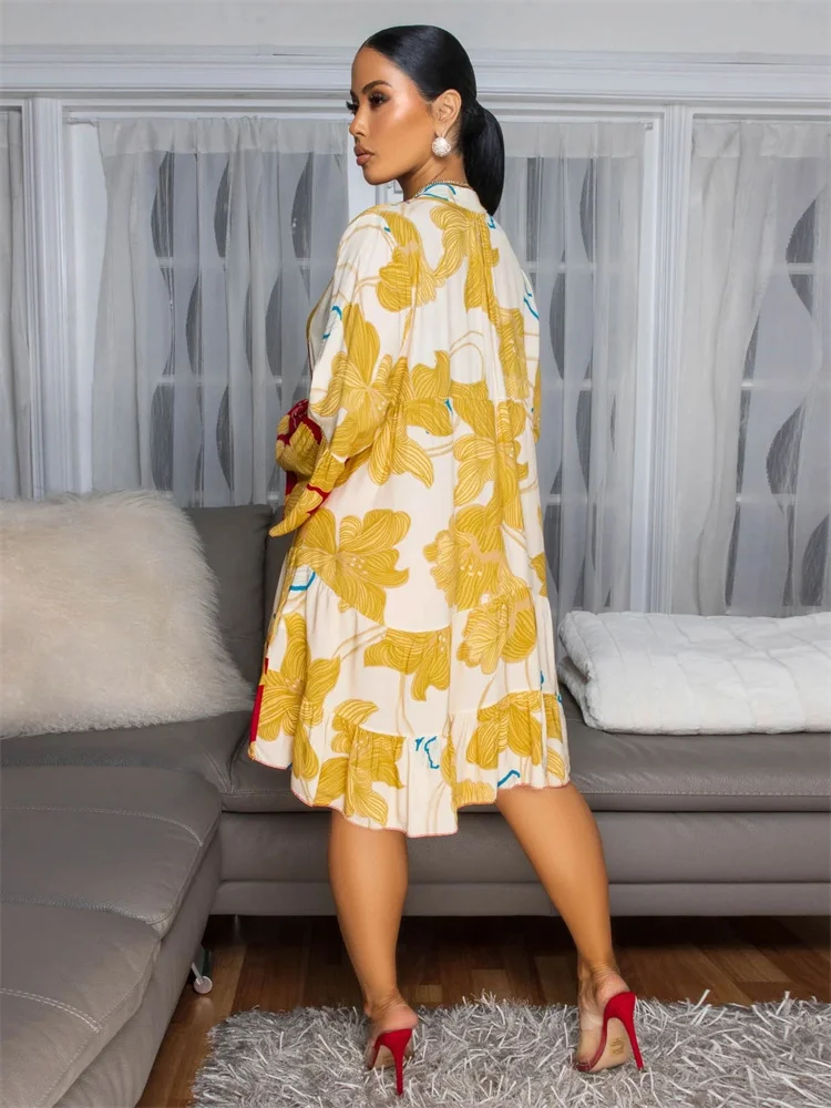 Wmstar Dresses Women Wholesale Loose Elegant Floral Printed Patchwork V Neck Button New in Summer Mini Dress Drop Shipping