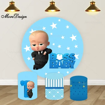 Baby Boss Bule Photo Backdrop Boys 1st Birthday Party Neckties White Star Decoration Round&Cylinder Covers Photo Background
