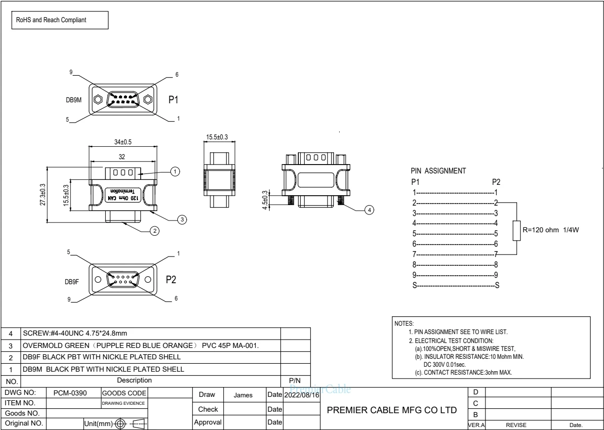 CAN Termination Adapter D-Sub 9Pin 120Ohm CAN Bus Terminal Widerstand DB9 Buchse auf Stecker CAN Terminator Widerstände – Detail 1