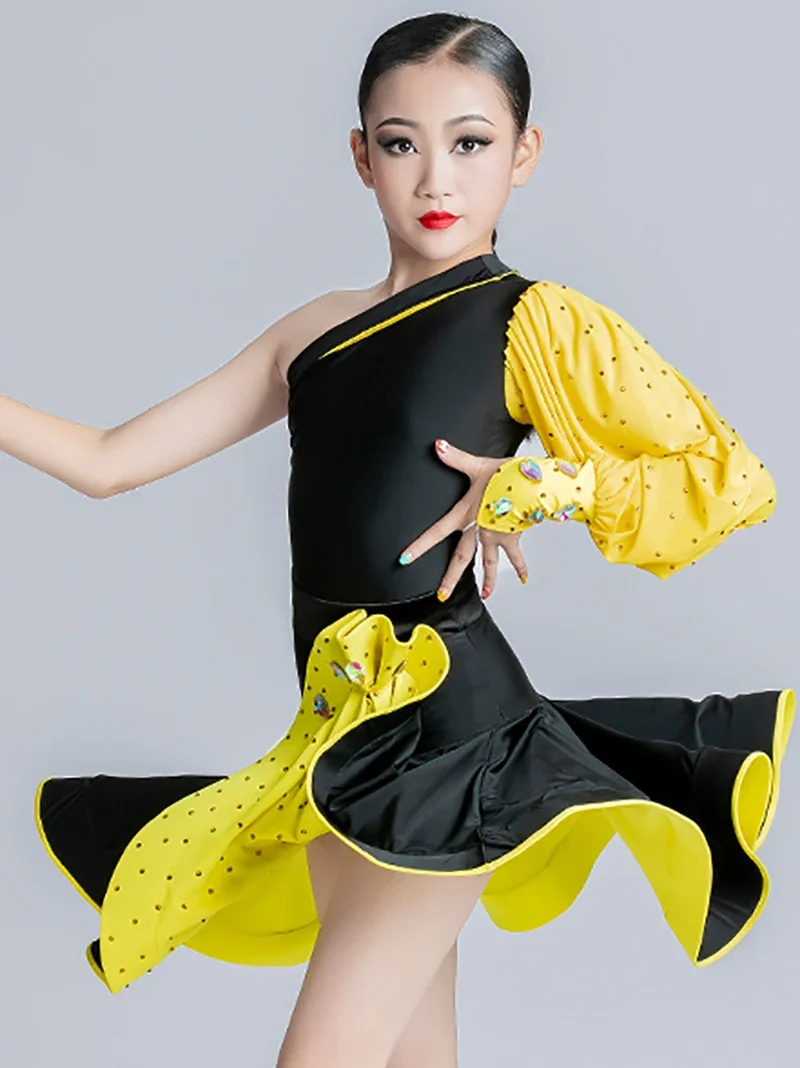 

Kids Girls Latin Dance with Diamond Inlay Competition Floral National Standard Dance Skirt Professional Performance Costume Set