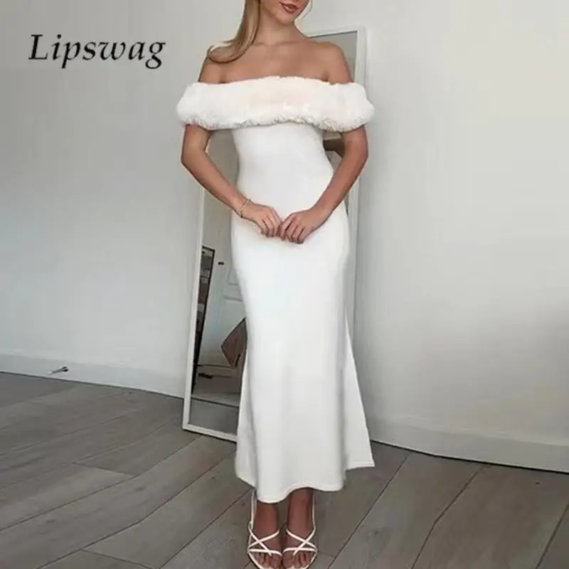 

2024 Sweet Women Fluff Splicing Dress Winter Ladies One Shoulder Hip Wrap Dress Elegant Simple Solid Color White Fishtail Dress