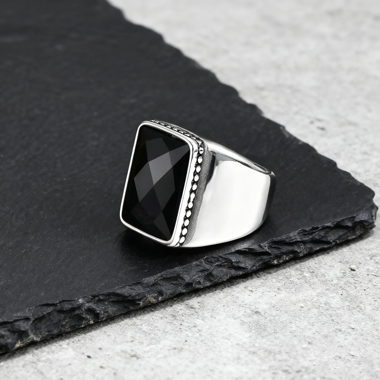 Black Square Ring for Men Boys,Waterproof Stainless Steel Signet Ring,Punk Ethnic Jewelry Gift