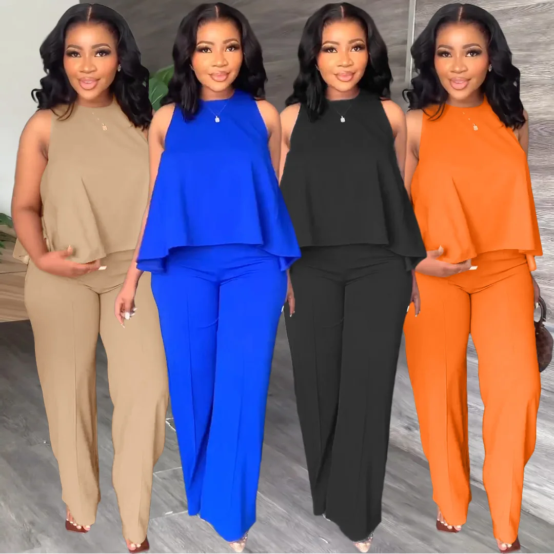 

Spring Summer Fashion Two Piece Set African Women Elegant OL Sleeveless Top Straight Pants Two Piece Set Women 2023