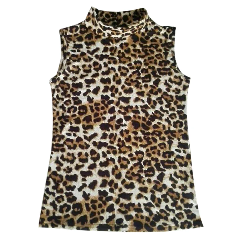 

Women's Leopard Turtleneck Sleeveless Slim Tops Female T-Shirt Stretch Bodycon Tees Spring Summer Hot Sale
