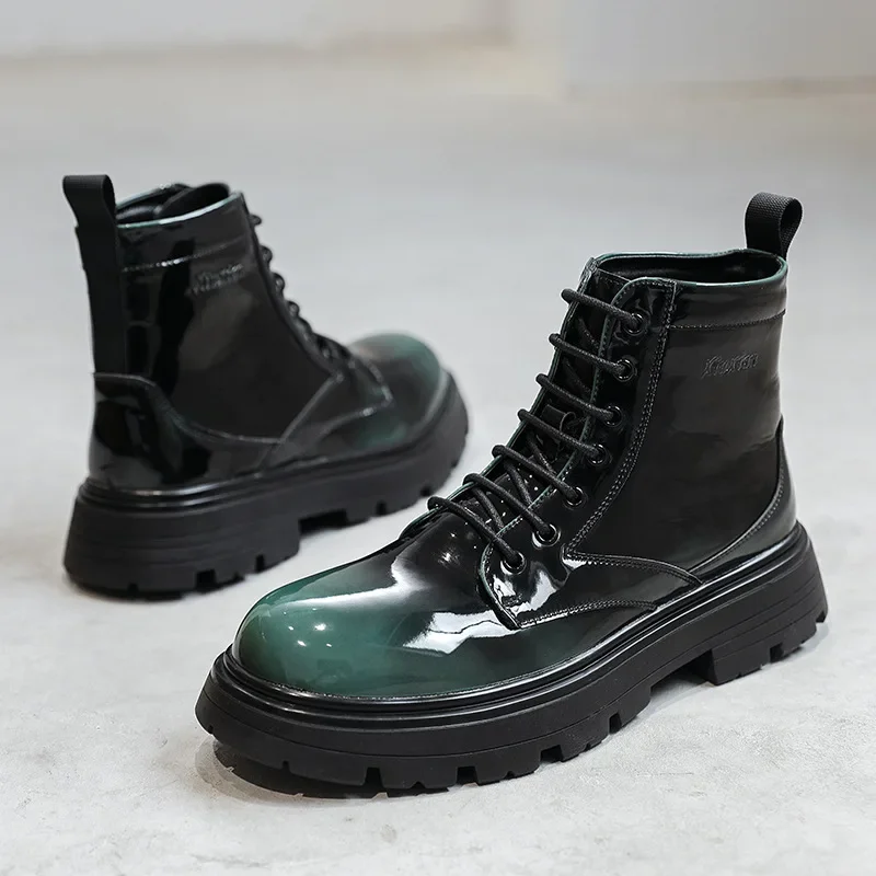 

2023 New Spring Autumn Green Black boots Men's Japan Korean Fashion Boots British Plush High Top Glossy Men's Shoes