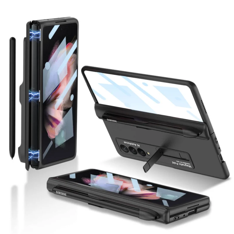 

Магнитный чехол для телефона с откидной подставкой и слотом для ручки для Samsung Galaxy Z Fold3, складной чехол для телефона с 3 магнитными откидными петлями, противоударный жесткий чехол