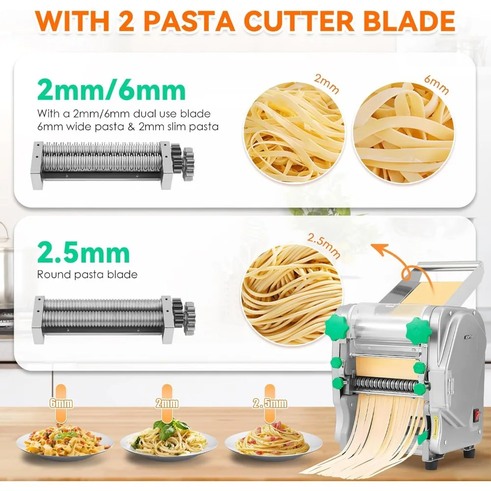 Commercial Pasta Maker Machine Electric Dough Roller Noodle Making Machine with 2/6mm and 2.5mm Round Blade Thickness Adjustable 2