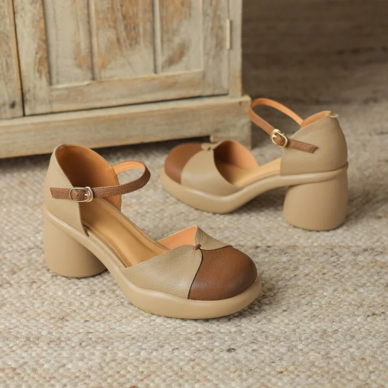 Retro genuine leather hollowed out high thick heels with thick soles, one line buckle, wrapped toe sandals for women