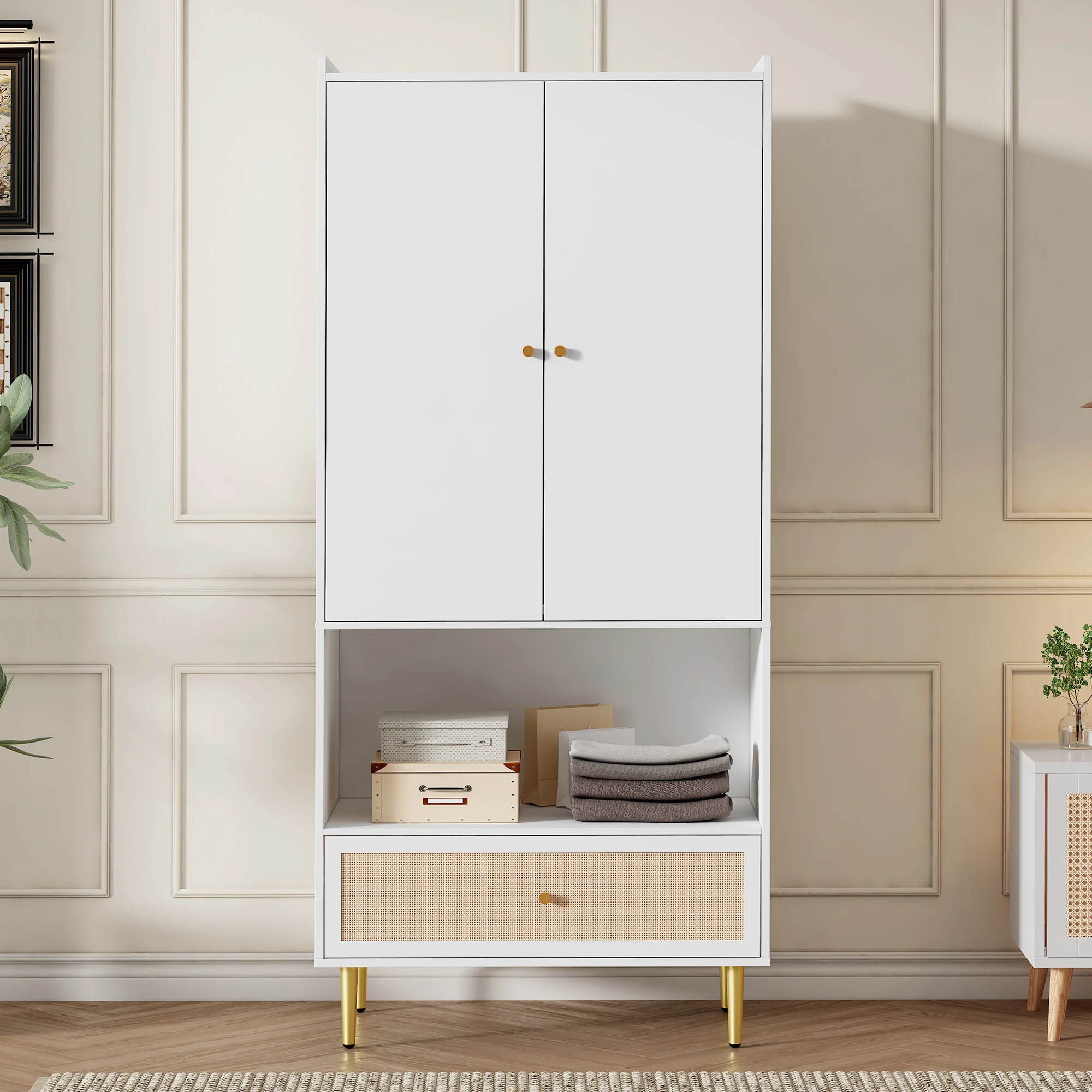 Großer Rattan-Schubladenschrank mit 2 Türen, Schlafzimmerschrank mit Metallbeinen und Griffen, 80x48x175 cm Aufbewahrungsorganizer – Detail 1