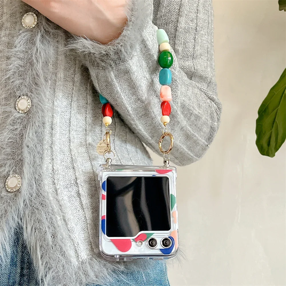 Cute Colorful Round Bead Wrist Strap Case with Transparent Hinge Protection Cover