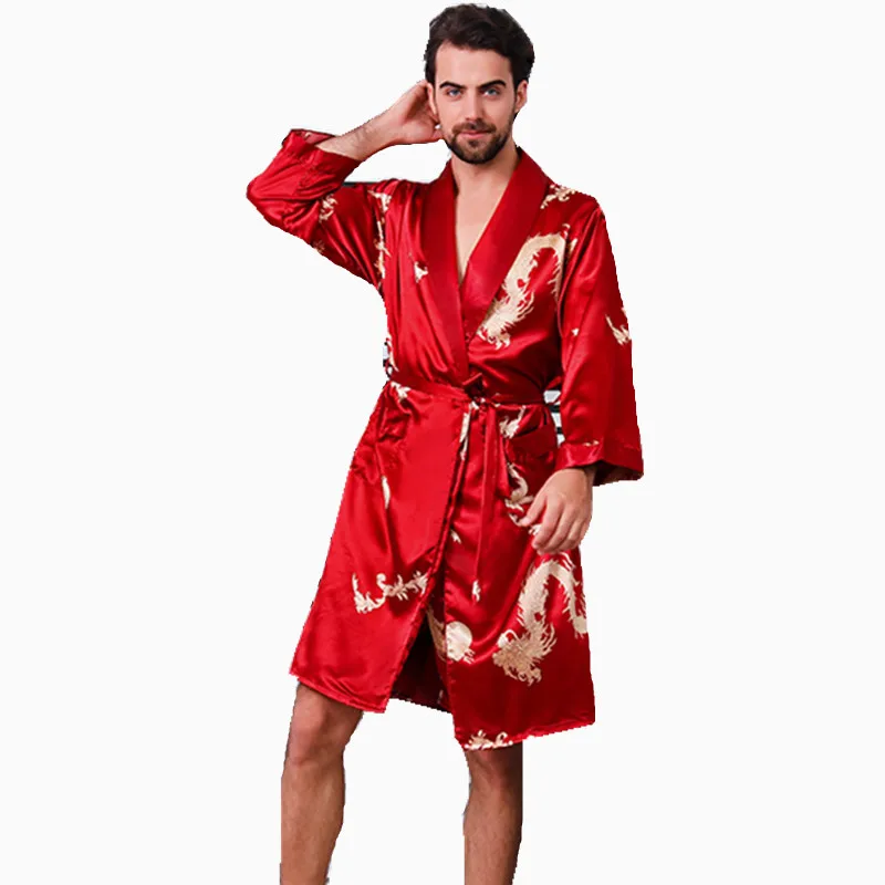 Dragões de seda dos homens roupão, manga comprida roupão de banho, sleepwear cetim, camisola, vestido de vestir estampado, roupas domésticas, plus size image