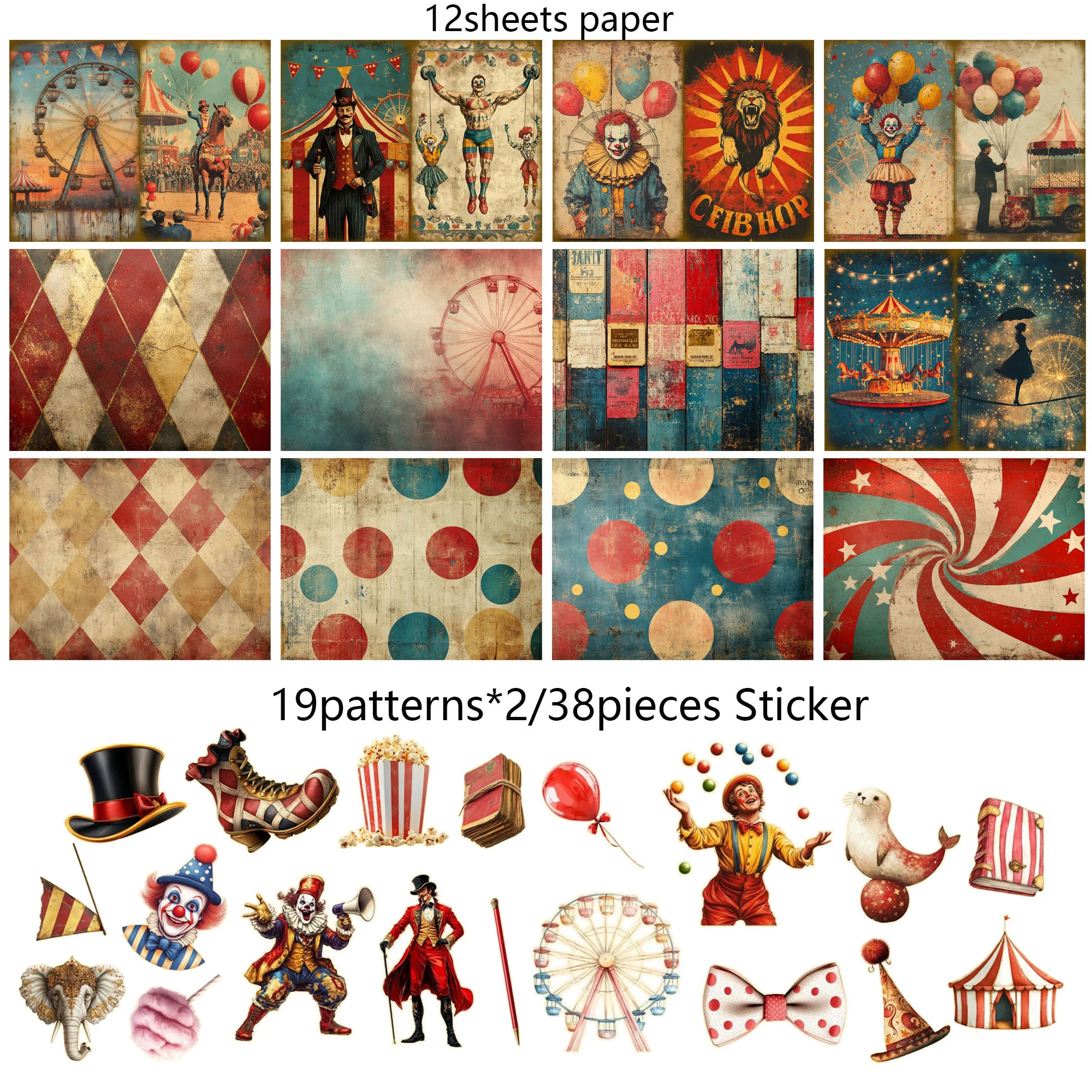 50-teiliges Vintage-Zirkus-Clown-DIY-Dekor-Papier-Set mit Aufkleber, für Kunsthandwerk, Scrapbooking-Zubehör, DIY-Bastelarbeiten, Hintergrundblock – Detail 7