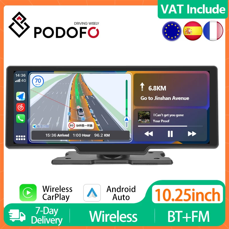 Podofo 10.26 "Lettore Carplay Wireless Android Auto Autoradio Ips Hd Lettore Video Multimediale Cruscotto Monitor Navigazione Bt Fm