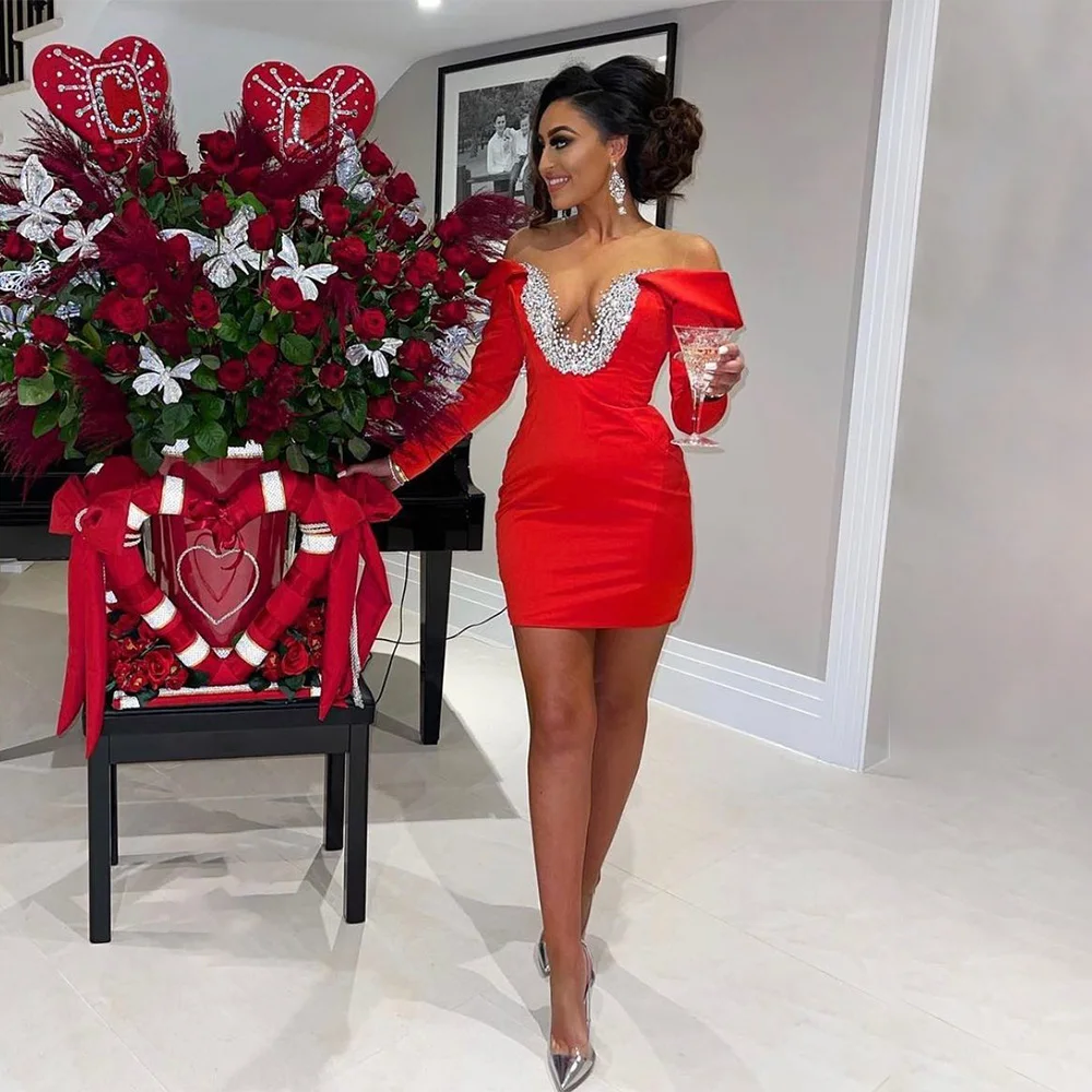Cocktail dress Sheath Cocktail Dress Red Crystal Illusion Mesh Tulle O Neck Mini Cocktail Gown Off the Shoulder Long Sleeves Women's Party Gown