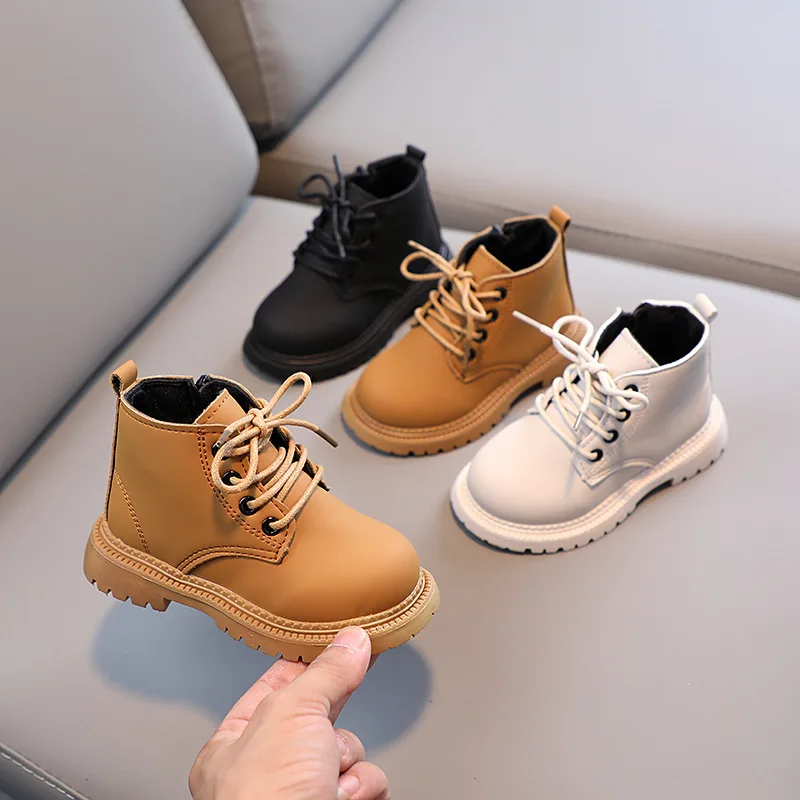 Autumn Kids Boots Girls Side Zip Leather Shoes Solid Fashion Children Ankle Boots Anti-slip Warm Baby Child Shoes Boys Sneakers