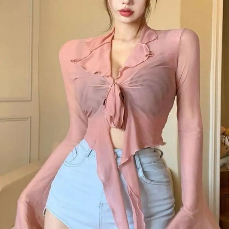 

Pure Long-Sleeved T-shirt Women's Sexy V-neck Lace-up Bell Sleeve Slightly Transparent Mesh Short Top Streetwear Club Party Tees