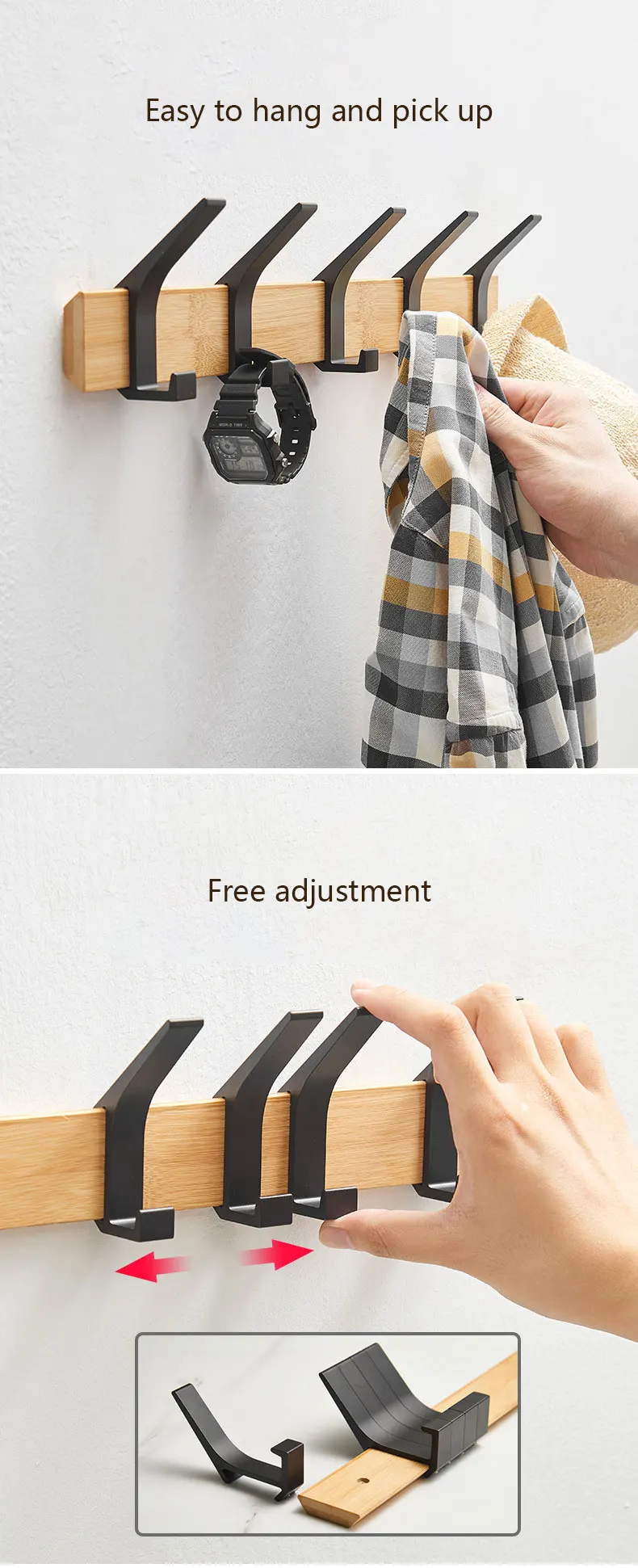 Description Picture 3 of itemBamboo Wall Mounted Coat Rack with Hooks and Shelf Nordic Fashion Hanger for Clothes Keys Hats Furniture Living Room Decor