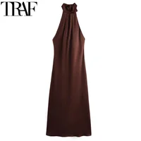Halter Satin Long Dress Women Tied Backless Brown Midi Dress Summer Off Shoulder Party Dresses Pleated Evening Dress 4