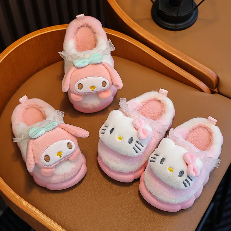 Sweet Family Winter Warm Slippers Cute Kawaii Sandals Kuromi My Melody Hello Kitty Soft Sole Shoes 4