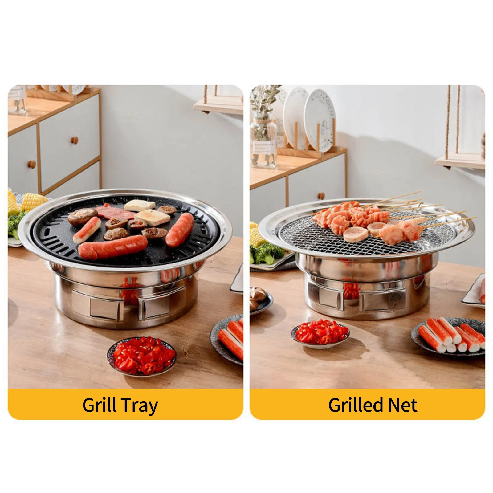 13Inch Korean BBQ Grill Multifunctional Charcoal Barbecue Grill Round Camping Stove Tabletop Smoker Grilled Net&Tray