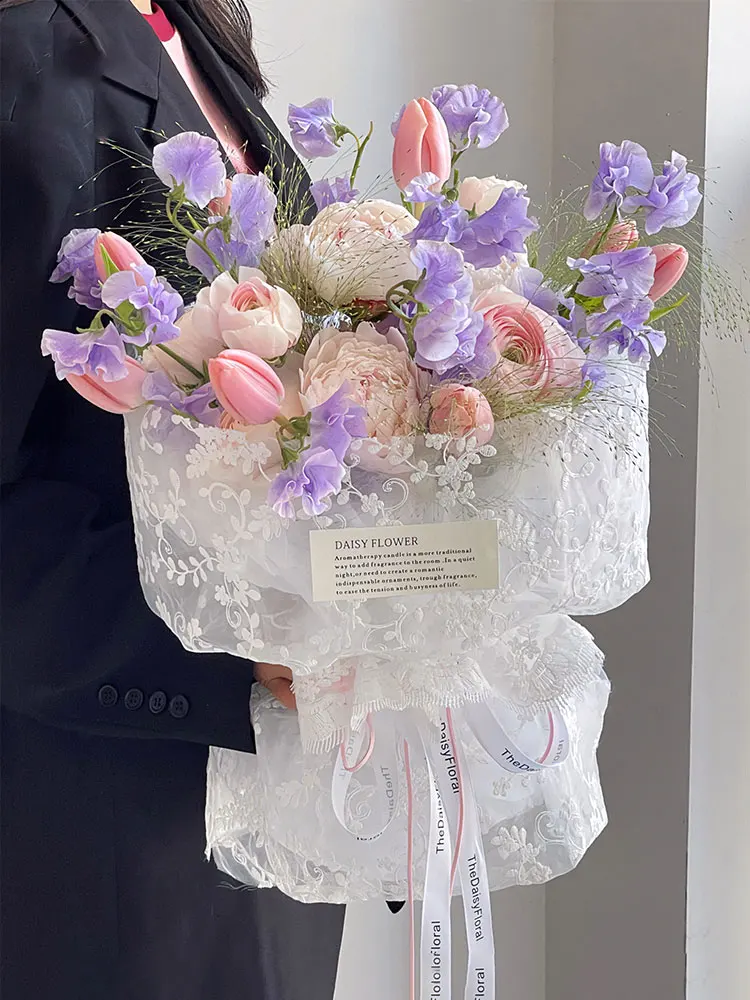 레이스 자수 꽃 원단, 꽃 부케 포장 원단, 레트로 장미 랩 꽃사 메쉬