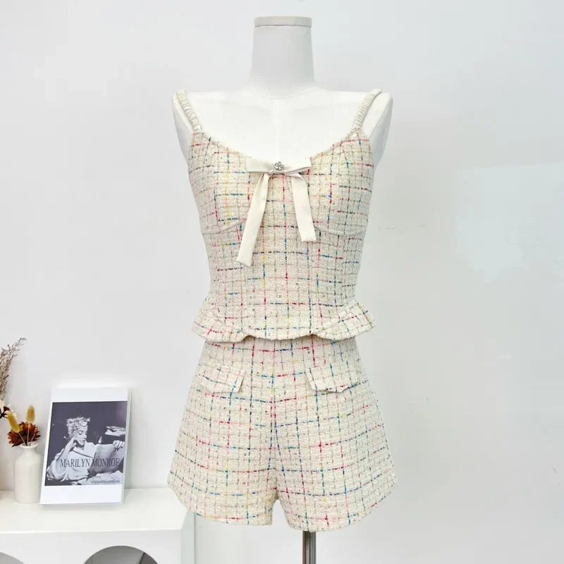 

Hotsweet Fashion Small Fragrance Tweed Two Piece Set Women Sexy Sling Crop Top + High Waist Short Suits Summer 2 Piece Pant Sets