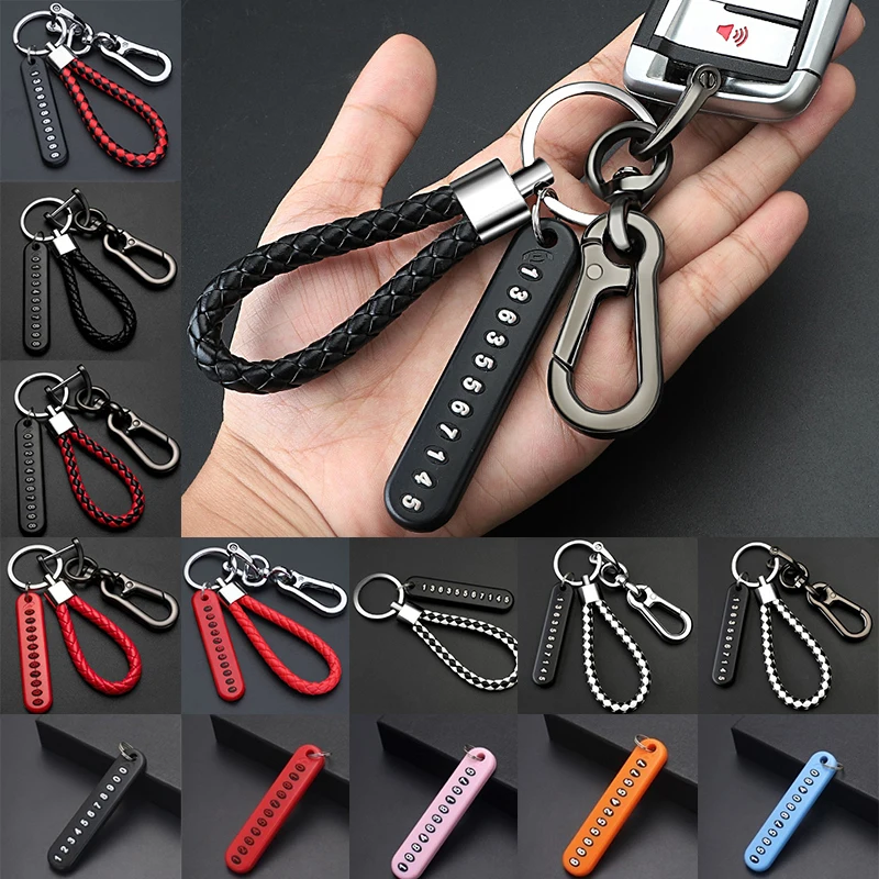 

Car Keychain Phone Number Card Pendant For Men Women Luxury Leather Key Chain Metals Buckle Car Key Ring Holder Car Accessories