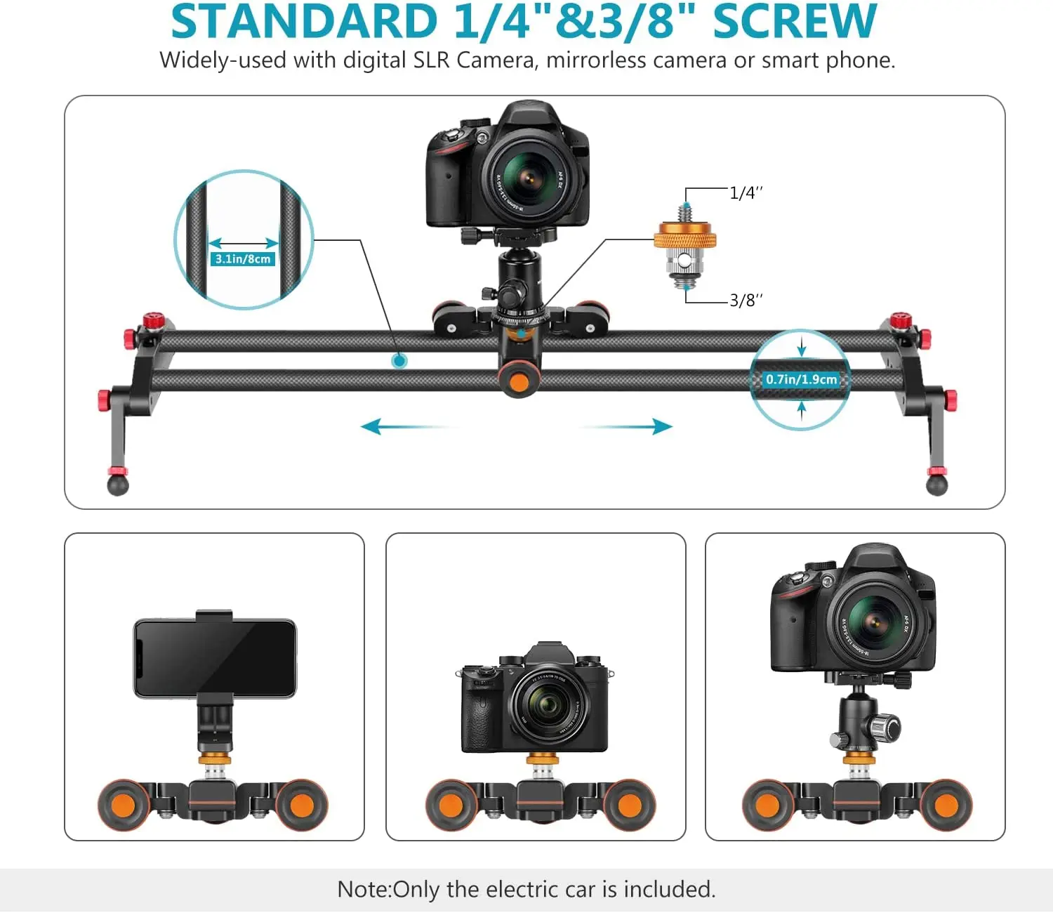 Neewer 3-Wheels Wireless 3-Speed Motorized Electric Track Rail Slider Dolly Car for DSLR Camera, Camcorder, Gopro, iPhone