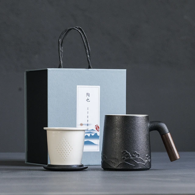 B&W - Minimalism Handmade Portable Black Ceramic Tea Mug With Infuser