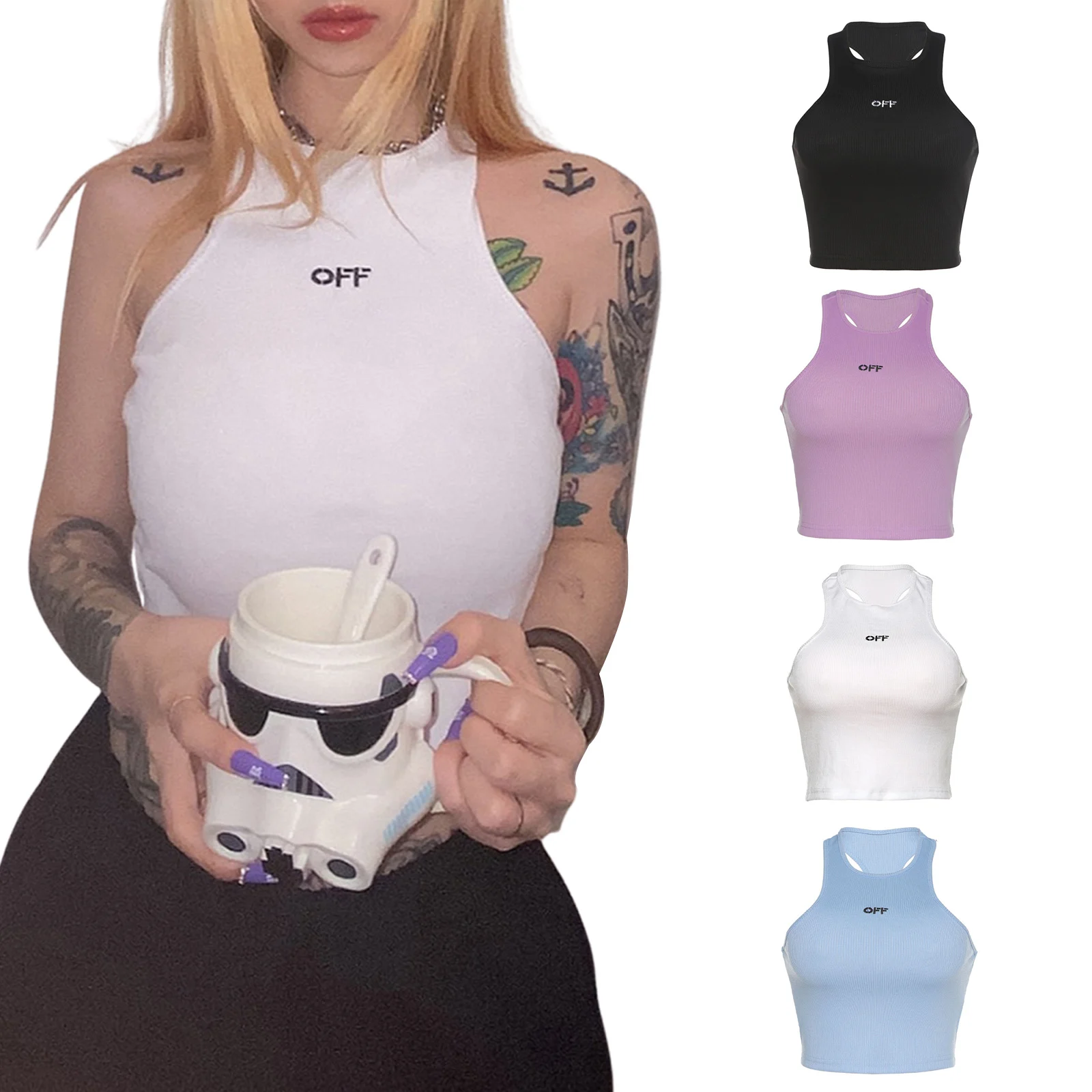 

Women Tube Top Ladies Summer Contrasting Color Casual Ribbed Sleeveless Top Personalized Letter Print Round Neck Navel Slim Vest
