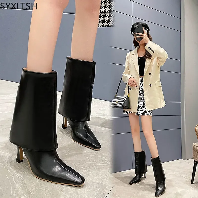 

High Heels Winter Boots for Women 2024 Leather Shoes Snow Boots Women Stivali Stiletto Heel Black Boots Ladies Shoes Chaussure