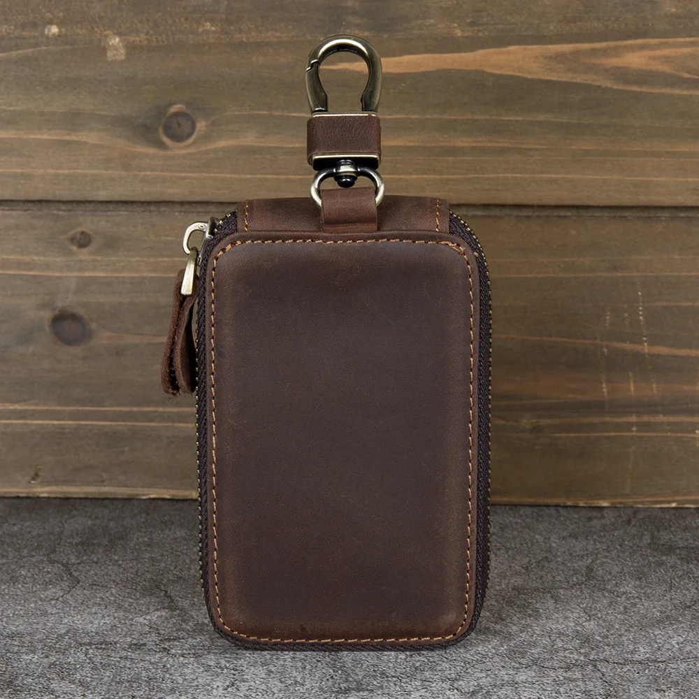 Crazy Horse Pull-Up Leather Key Holder-Zippered Anti-Loss Organizer for Car Home, Top Grain Cowhide Keychain Case