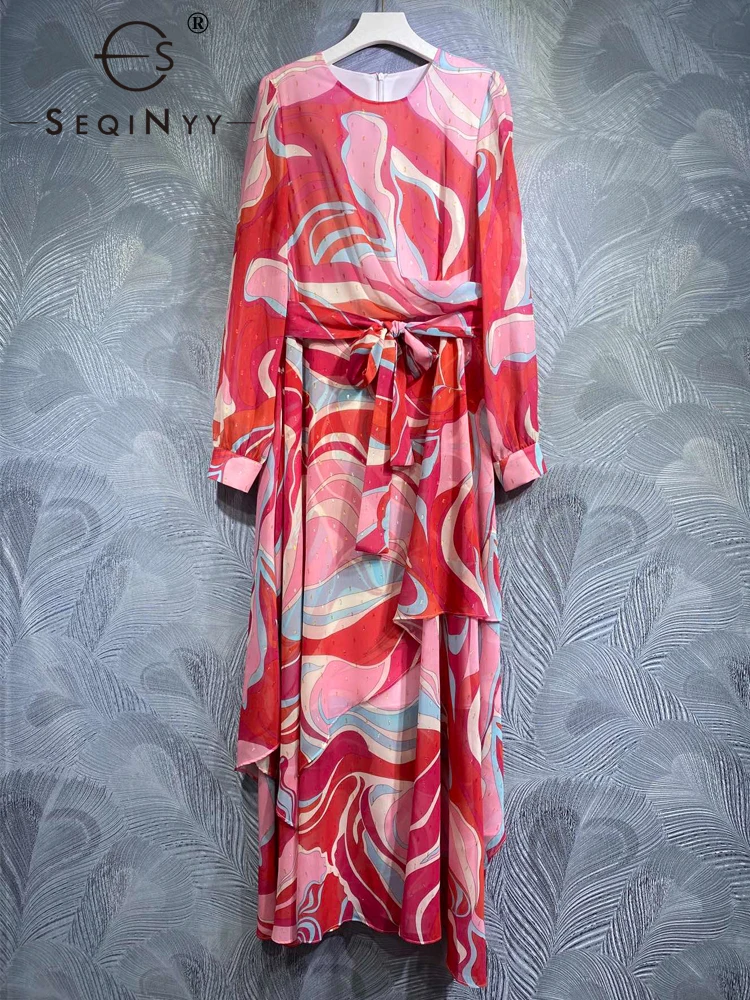 

SEQINYY Casual Dress Summer Spring New Fashion Design Women Runway High Street Vintage Flowers Print Red Draped Elgant