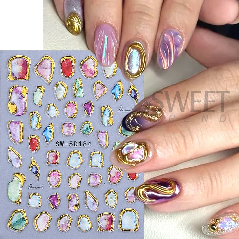 5D Gemstone Charm Nail Sticker Gold Irregular Frame Rhinestones Adhesive Slider Nail Supplies Decals Bohemian Manicure  Decor