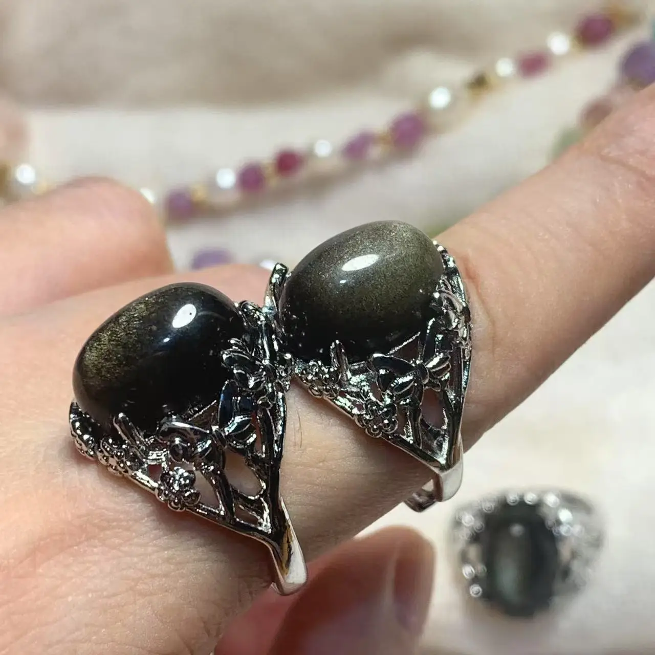 Natural Obsidian Ring Adjustable Female Classic Ring Jewelry for Women Gift Wholesale High Quality Vintage Fine