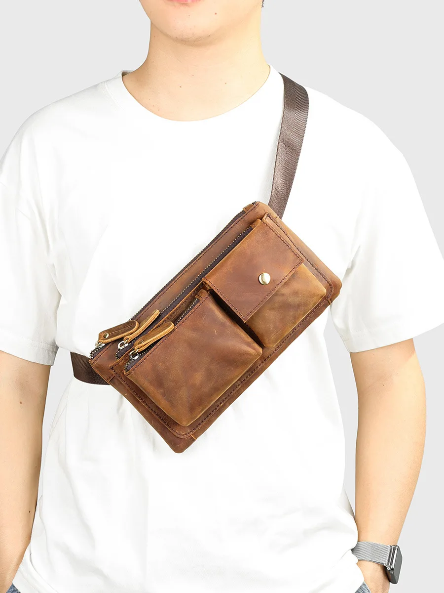

Genuine Leather Waist Pack for Men, Vintage Chest Bag with Crazy Horse Pattern