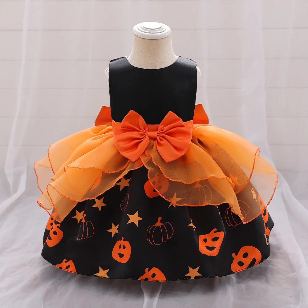 

Kids Costumes Pumpkin Print Girl Dress Sleeveless Children'S Princess Dress First Halloween Party Formal Dress Newborn Clothing