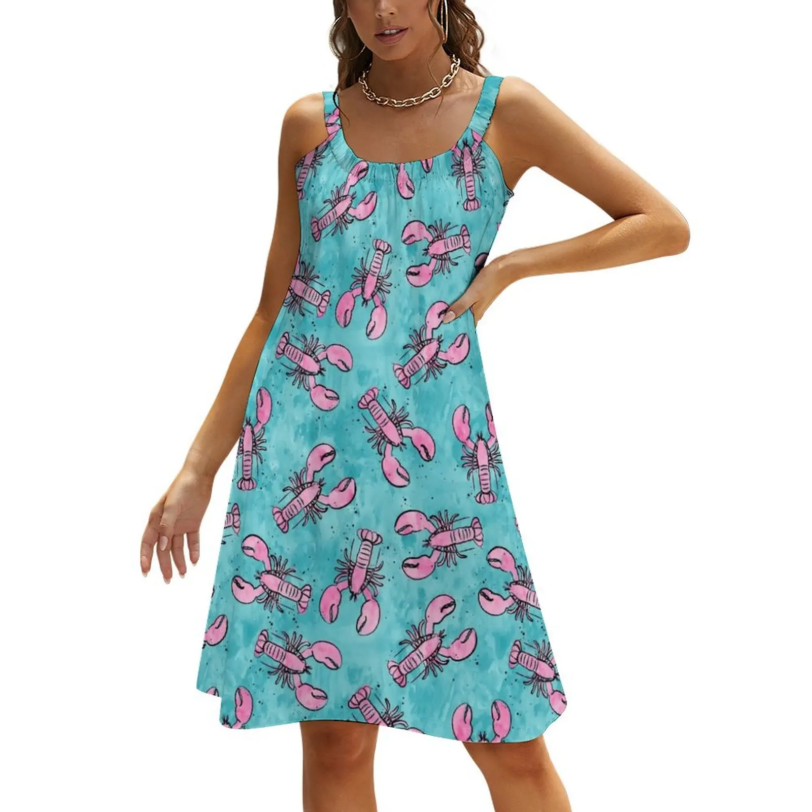 

lobsters - ink and watercolor - pink on blue Beach Sling Skirt birthday dress for women luxury 2024 summer dress for women 2024