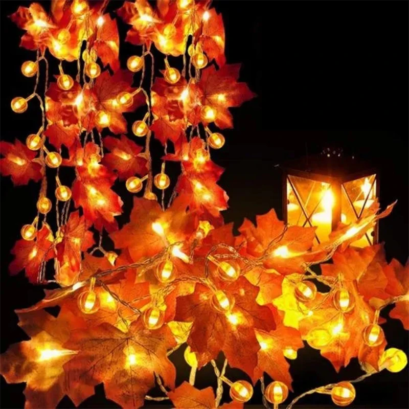 Artificial Autumn Maple Leaves Pumpkin Garland Led Fairy Lights for Christmas Decoration Thanksgiving Party DIY Halloween Decor