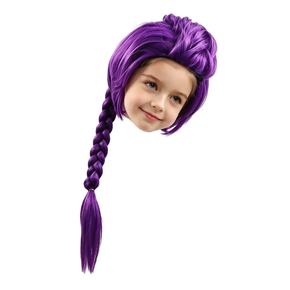 Parrucca Sintetica Lunga Viola con Treccia e Coda di Cavallo, Chignon Nero, per Cosplay di Cantanti, Idoli, Demoni, Bambini, Ragazze, Feste, Halloween - immagine 3