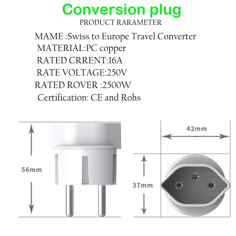 Swiss To Europe Plug Adapter 13A 250V Type J to Type E/F Germany France South Korea