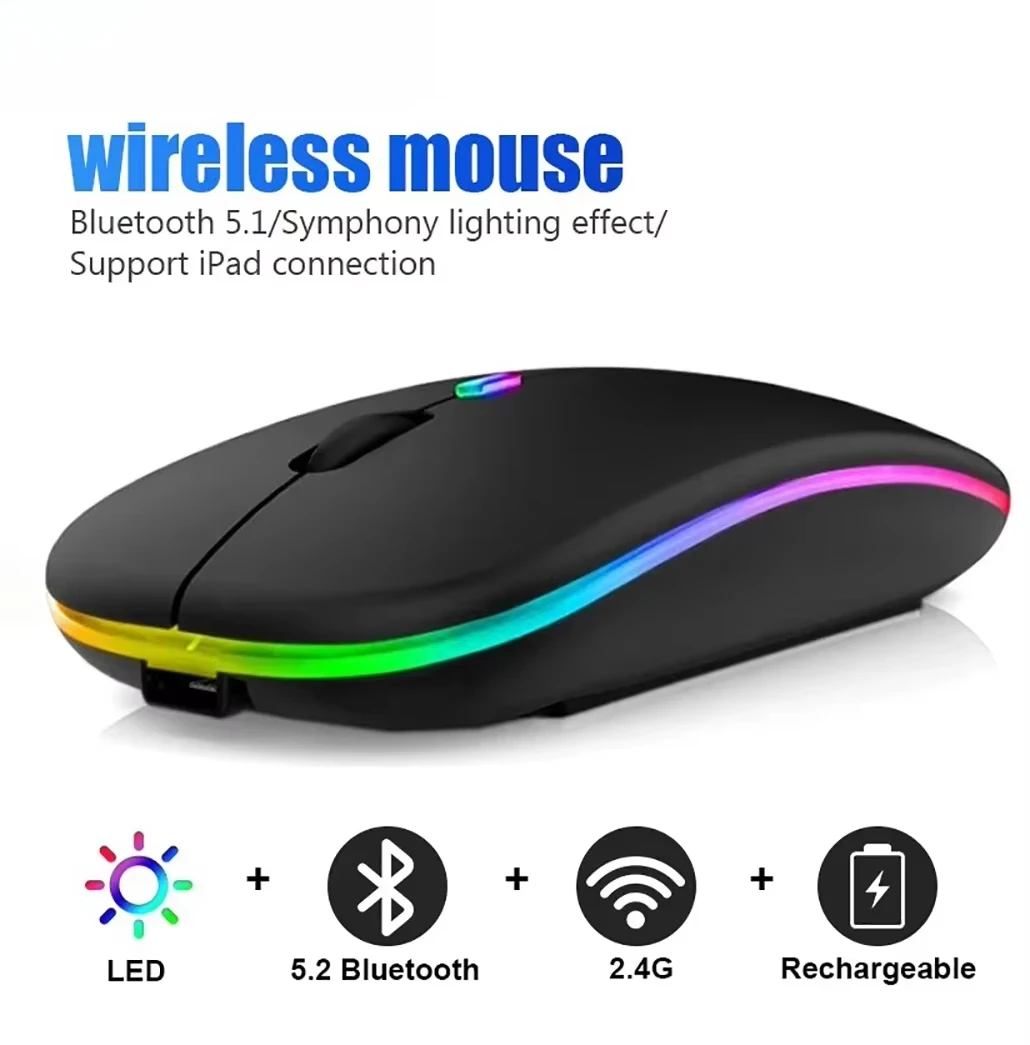 Rechargeable Bluetooth Wireless Mouse with 2.4GHz USB LED Backlit RGB Mouse for Computer Laptop Tablet PC Macbook Gaming Mouse