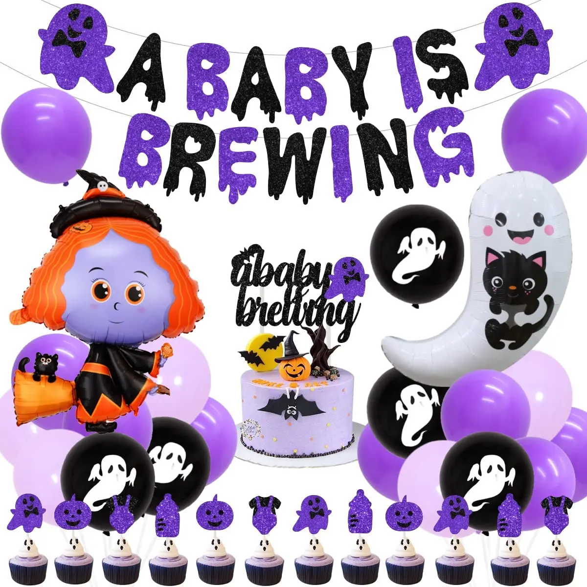 

A Baby is Brewing Halloween Baby Shower Decoration for Boys Girls Purple Banner Ghost Witch Balloon for Pregnancy Gender Reveal