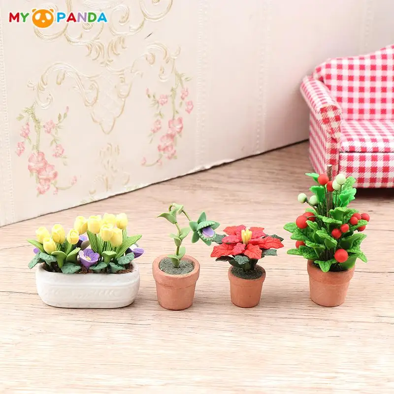 

1:12 Dollhouse Miniature Potted Plants Tulip Flower Pot Fortune Fruit Bonsai Model Garden Home Decor Toy Doll House Accessories