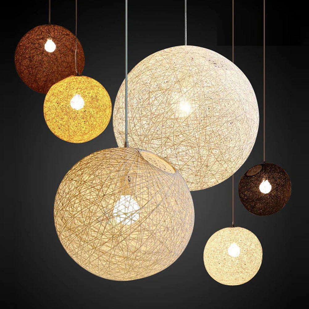 Round Hand-woven Rattan Ball Pendant Lampshade Light Hanging Lamp Art Pendant Lamps Sitting Room Bedroom Decoration Without Rope